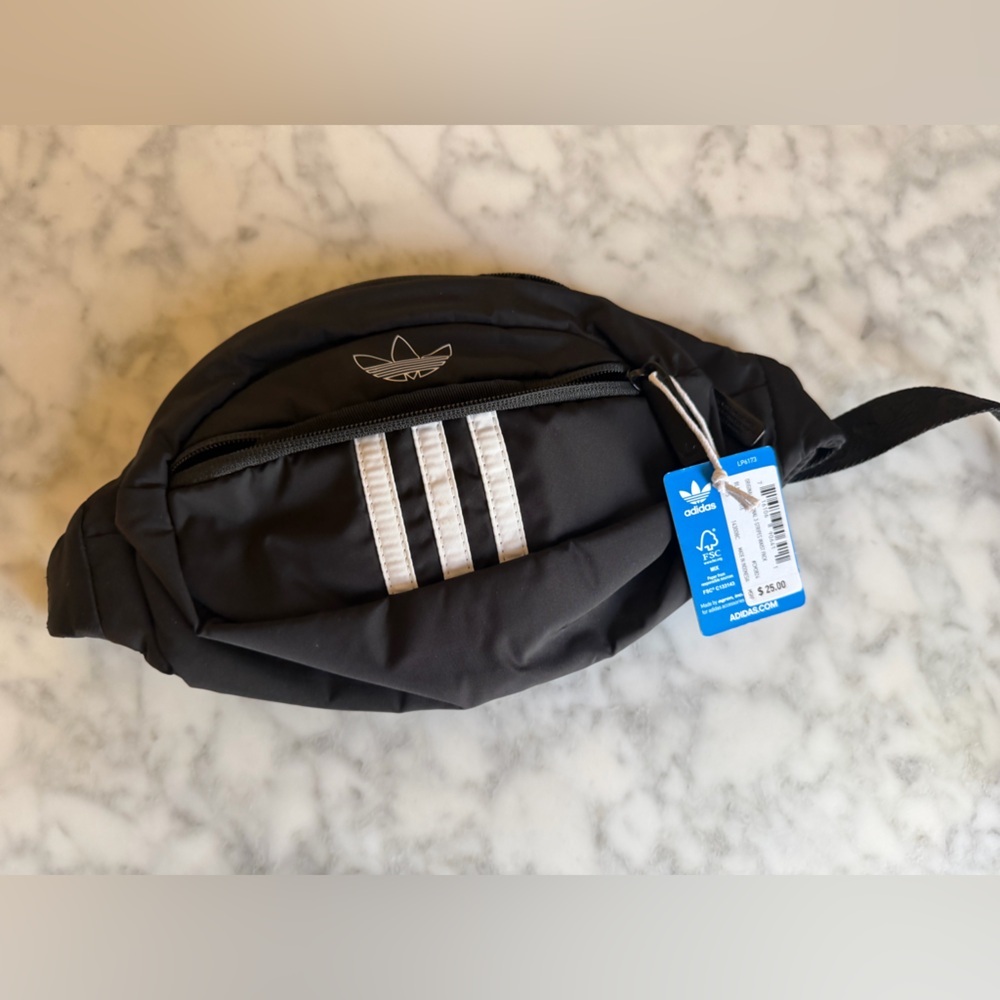 Adidas Black Waist Fanny Pack Bag White Stripe Detail NWT Running Athletic - Picture 3 of 5